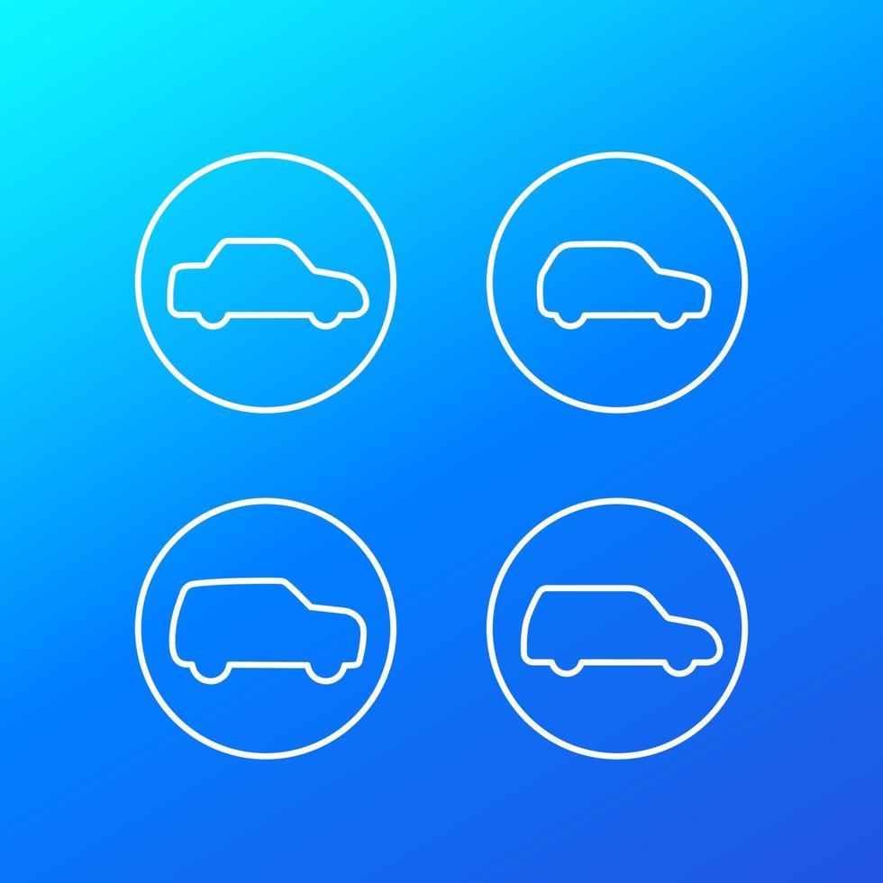 sedan, hatchback, suv and minivan linear icons vector