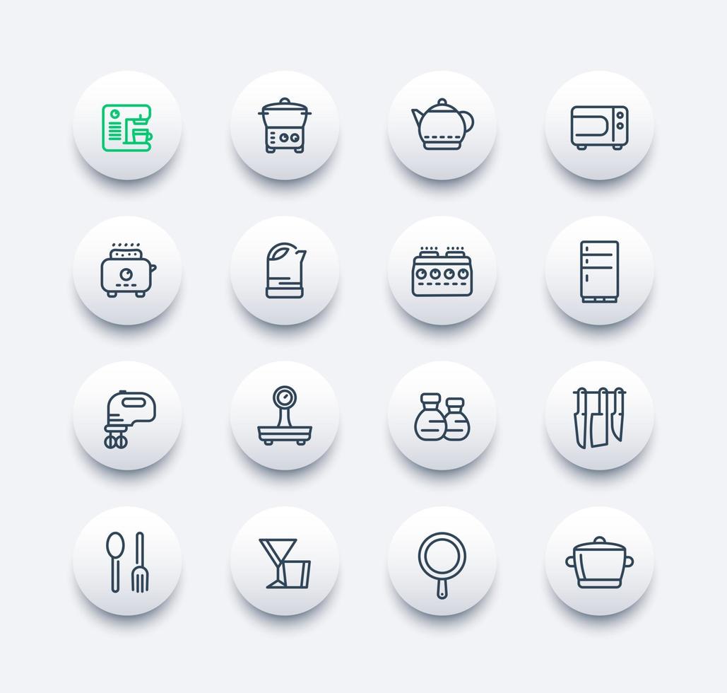 kitchen line icons set, utensils, tableware, cookware, pan, kettle, knives, cooking tools vector