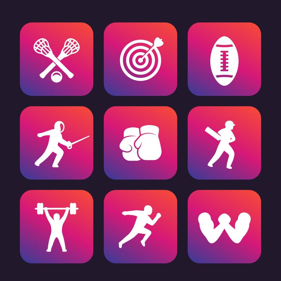 conjunto de iconos deportivos, tiro con arco, boxeo, lacrosse, cricket, carrera de velocidad, lucha de brazos, esgrima, fútbol, levantamiento de pesas vector