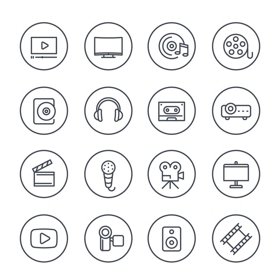 video, iconos de línea de audio en blanco vector