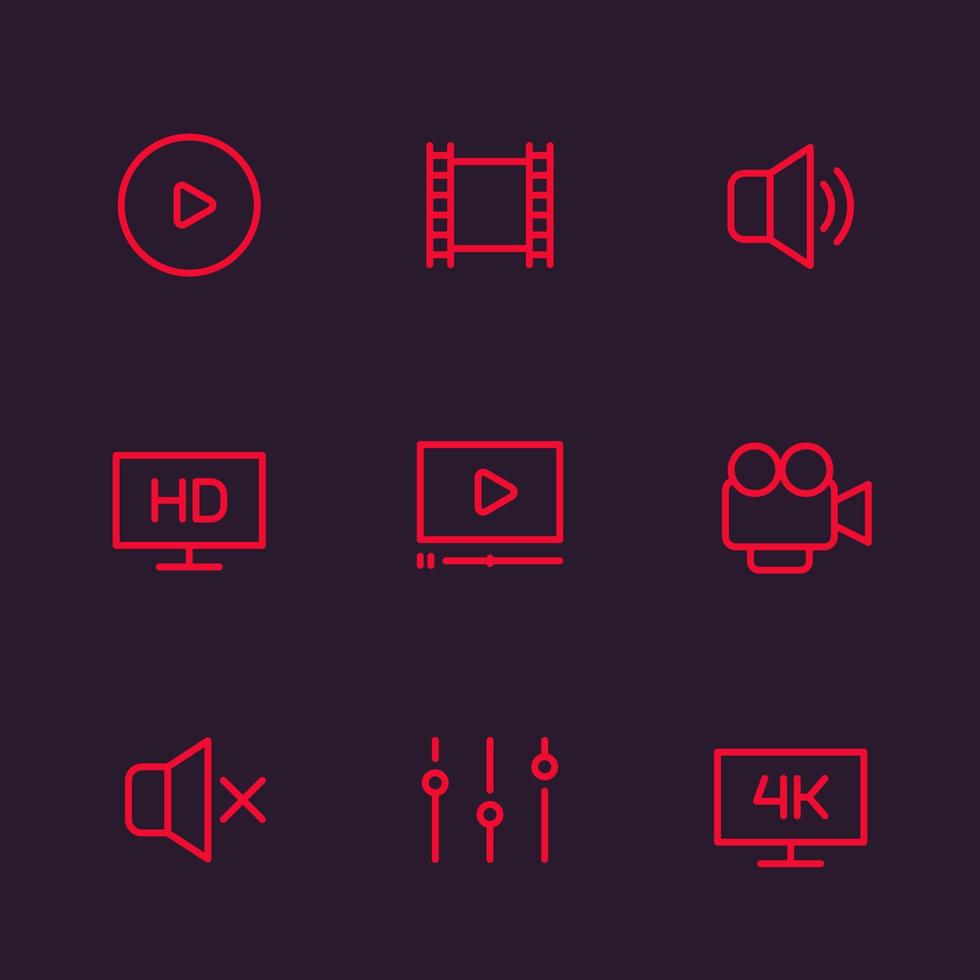 conjunto de iconos de reproductor de vídeo, lineal vector