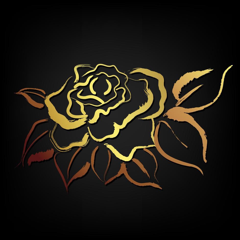 Flor rosa dorada con hojas sobre fondo negro, diseño de pintura de trazo de pincel vector