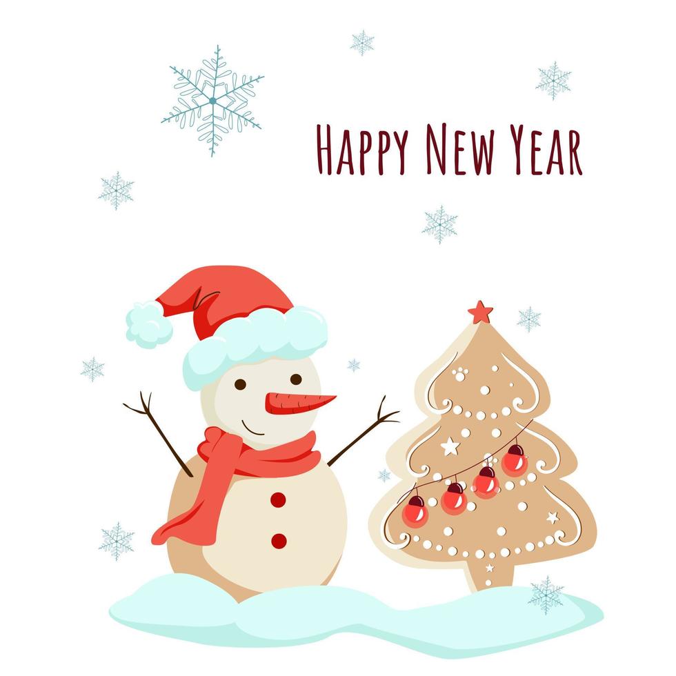 una tarjeta de felicitación con un muñeco de nieve para el año nuevo. vector