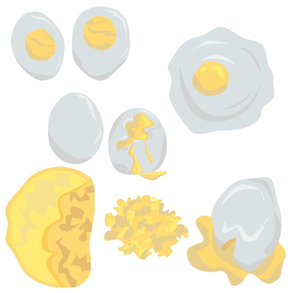conjunto de diferentes formas de cocinar huevos, huevos escalfados, huevos pasados por agua, huevos fritos, tortilla, revuelto. desayunos orgánicos saludables vector