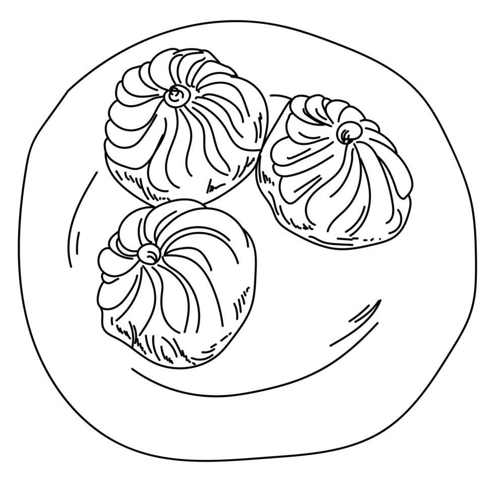 Dumplings on a plate, set of three khinkali, outline hand draw vector illustrtion