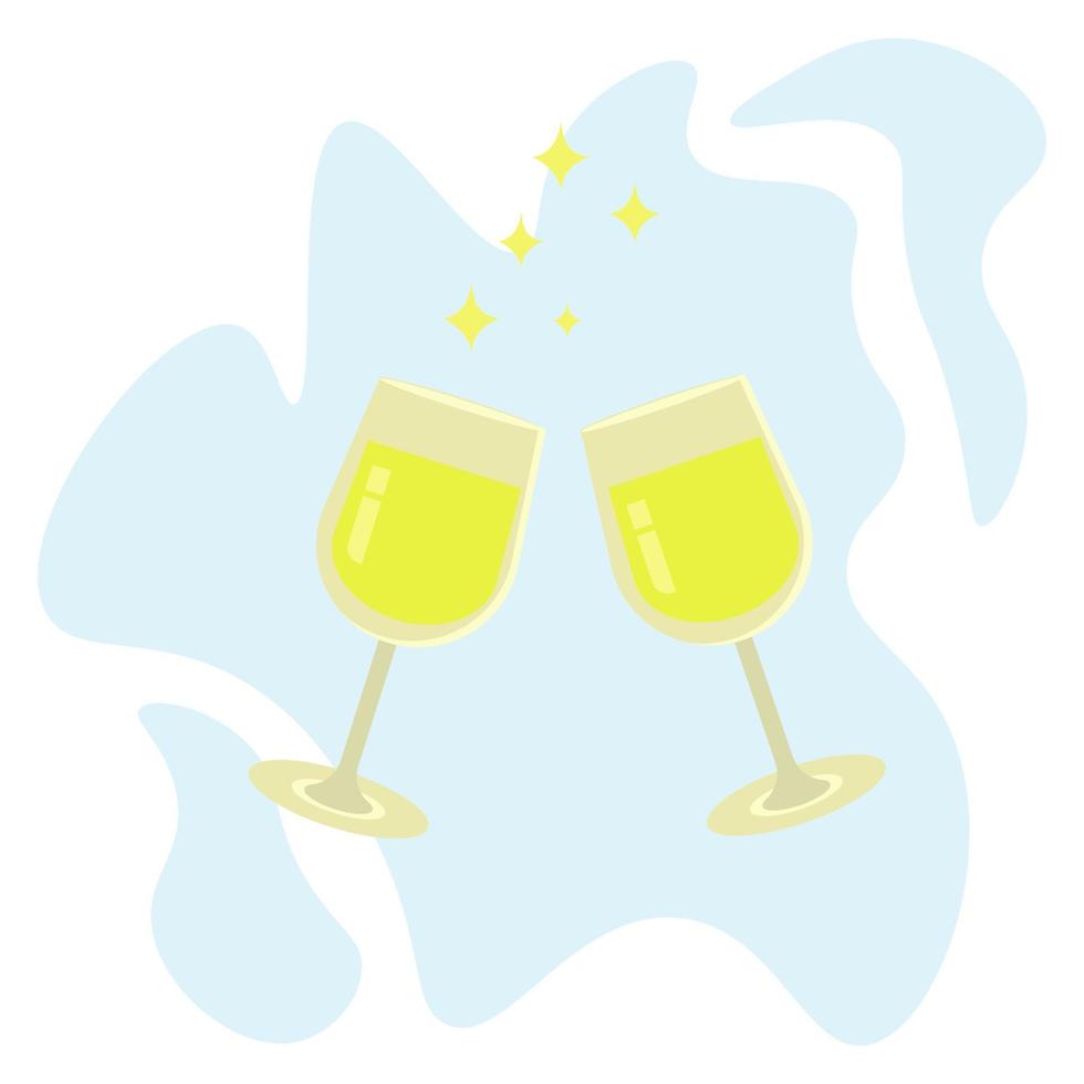dos copas de vino, una bebida amarilla en vasos con patas, un brindis festivo o una cita, recipientes con una bebida en el fondo de una mancha azul claro abstracta vector