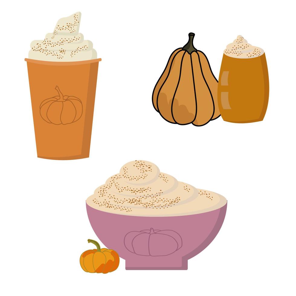 Pumpkin spice drinks set, seasonal trendy hot pumpkin latte in paper or glass and cup vector