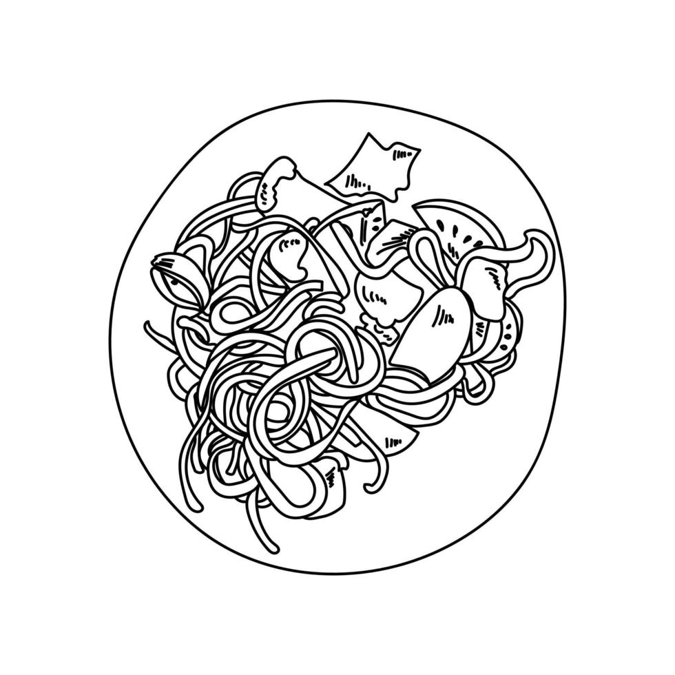 Pasta with vegetables on a round plate, sketch of a dish for menu decoration, cookbook or design creation vector
