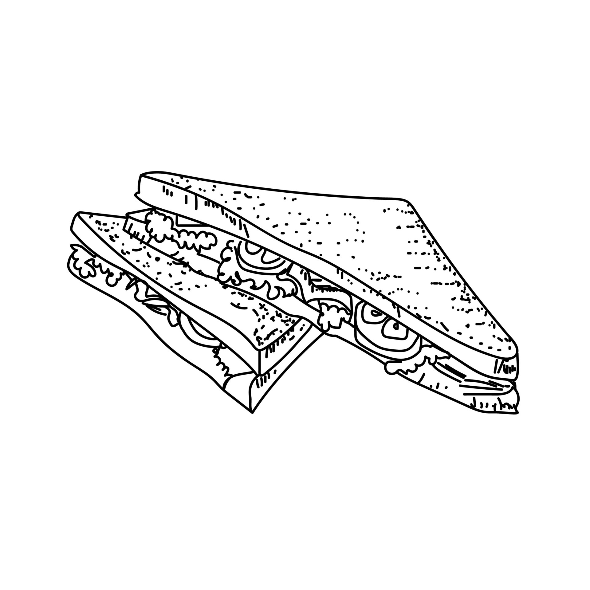 Outline sandwich, black line sketch, sandwich with salad and vegetables