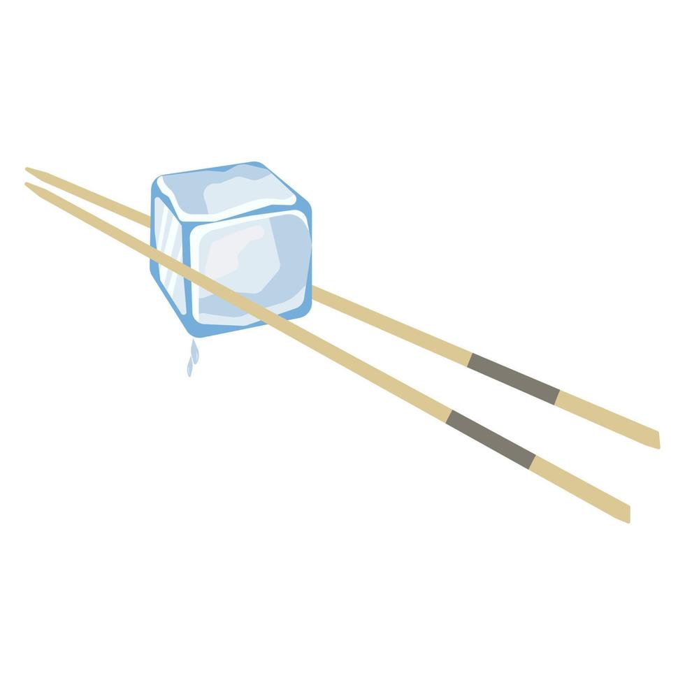 Ice cube is held with chopsticks, frozen water, an example of a product for ASMR vector