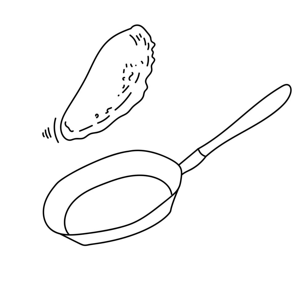 Doodle pancake over a frying pan, baking pancakes for the holiday contour drawing vector