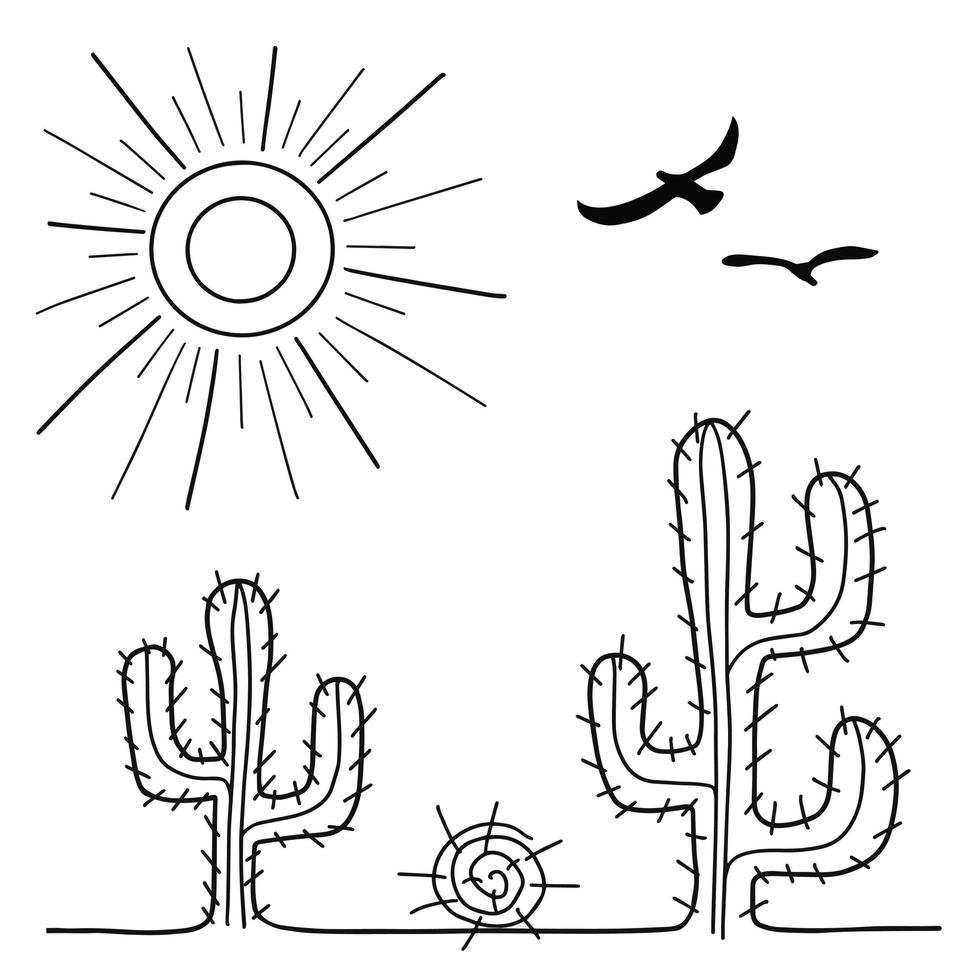 cactus en el desierto. Ilustración de doodle para impresión, tarjetas de felicitación, carteles, pegatinas, textil y diseño de temporada. aislado sobre fondo blanco. vector