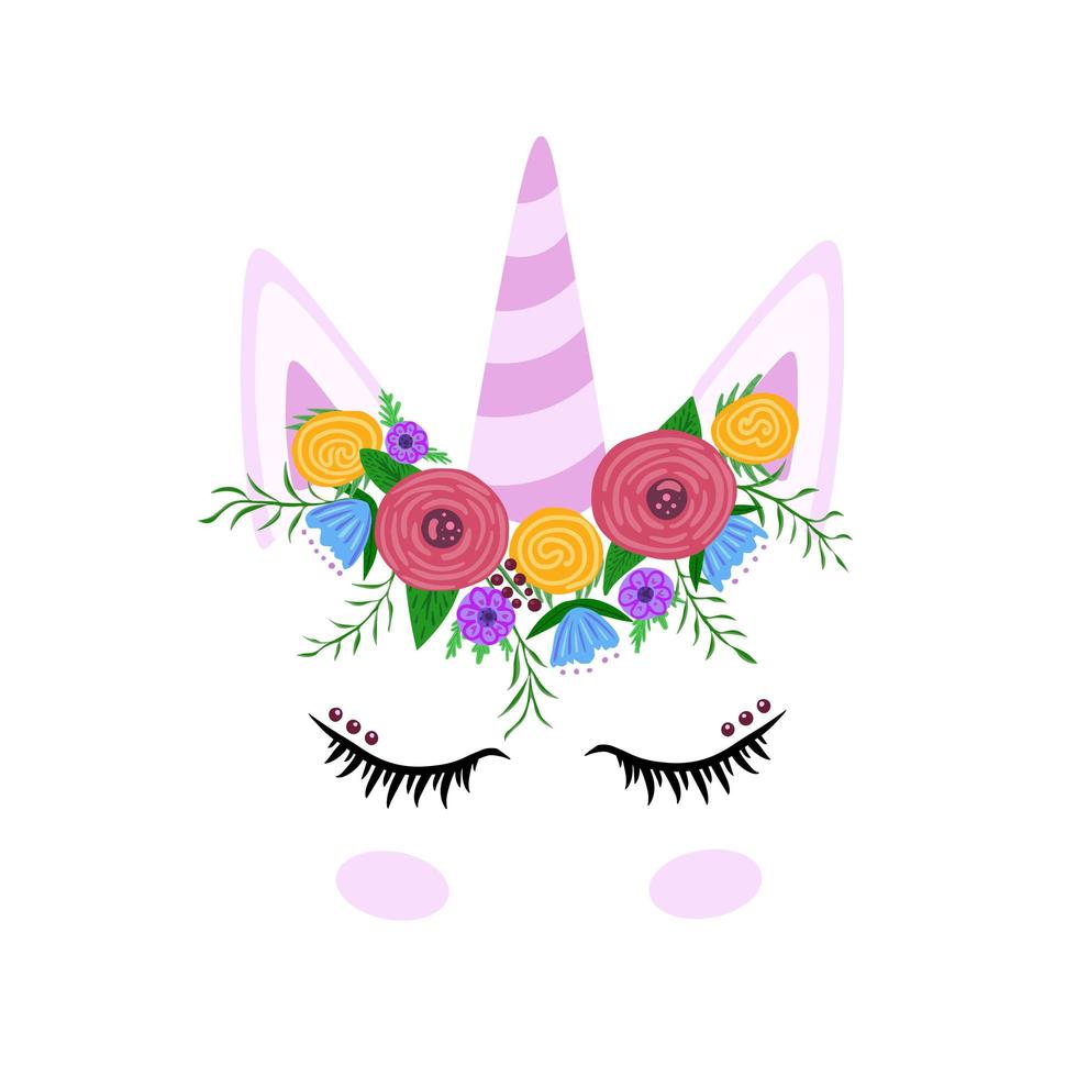 Unicorn with flowers on his head. Illustration for printing, backgrounds, covers, packaging, greeting cards, posters, textile. Isolated on white background. vector