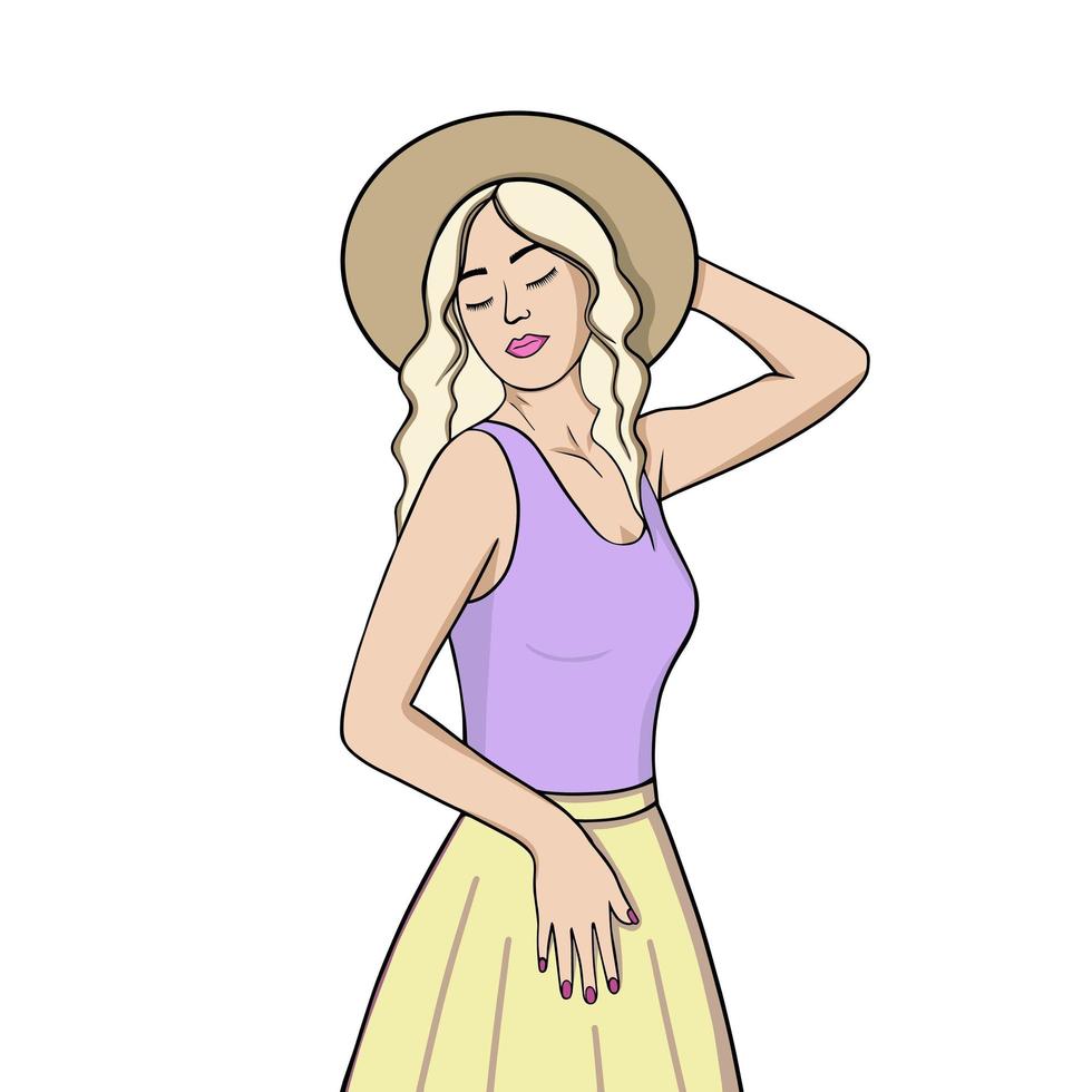 hermosa chica con un sombrero. ilustración para impresión, fondos, carátulas, empaques, tarjetas de felicitación, carteles, pegatinas, diseño textil y de temporada. aislado sobre fondo blanco. vector