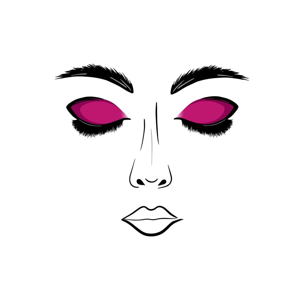 maquillaje brillante, pestañas largas, chica sexy, rostro aislado sobre fondo blanco. ilustracion de moda para salones de belleza, maestros de cejas, creadores de pestañas, tatuadores, maquilladores, logo. vector