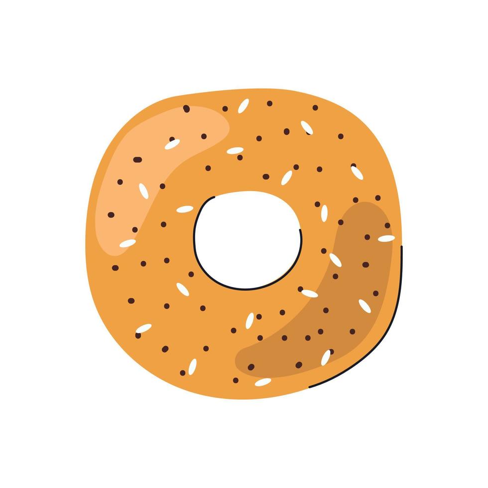 Hand drawn bagel with poppy and sesame seeds. Food flat illustration. vector