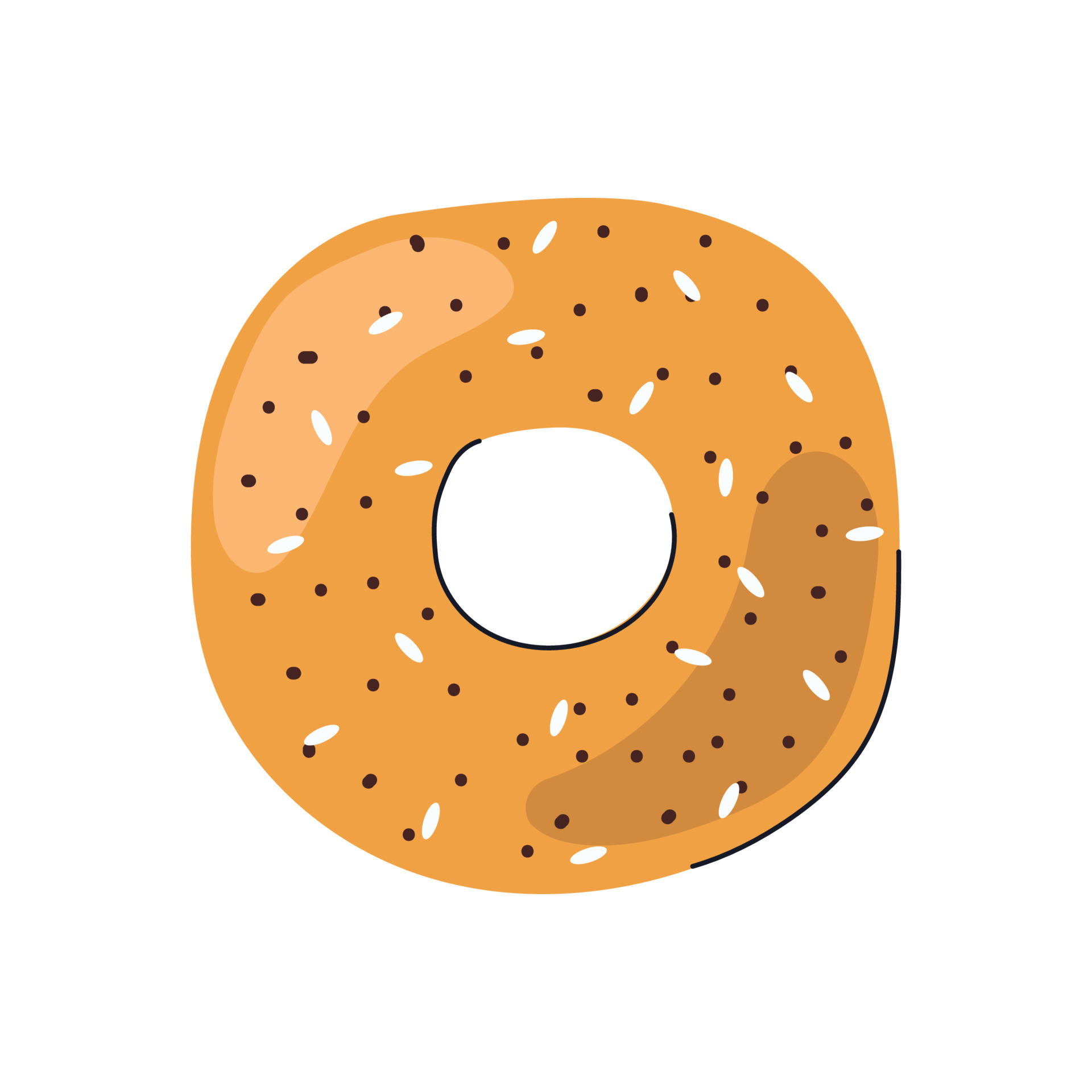 Hand drawn bagel with poppy and sesame seeds. Food flat illustration