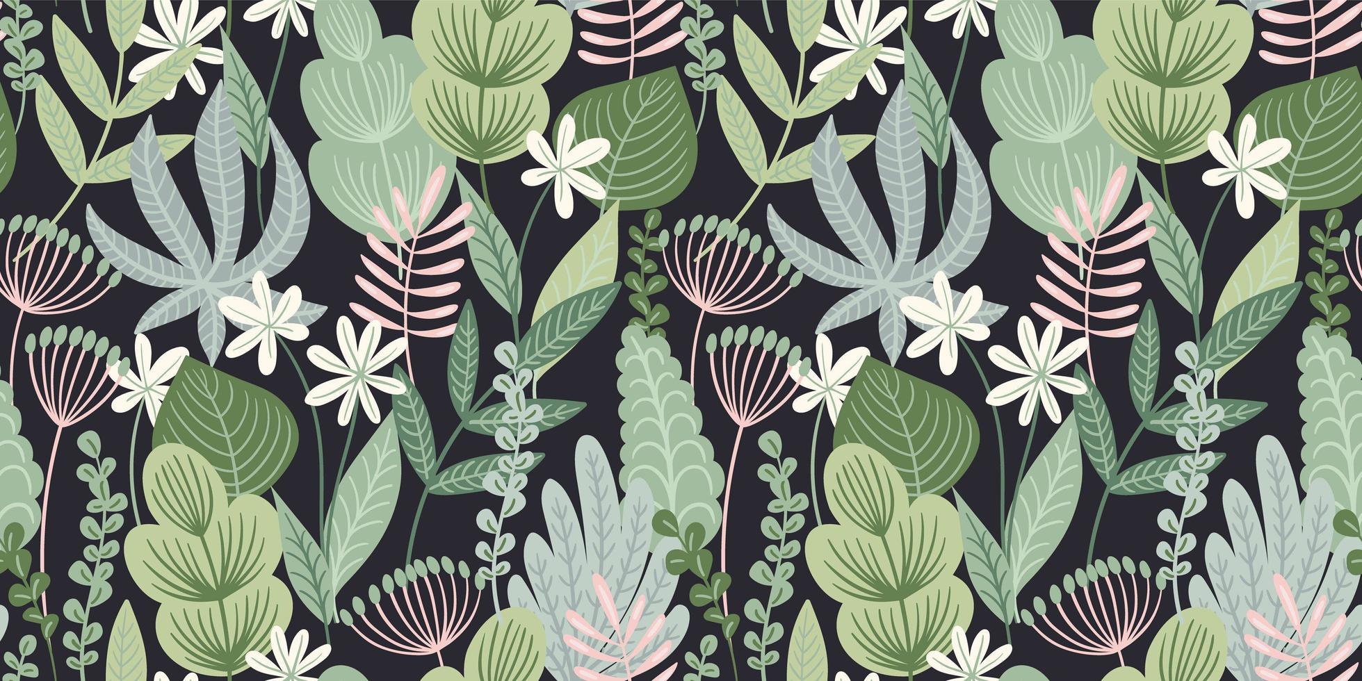 Abstract gentle seamless pattern with leaves, flowers and grass. Modern exotic design vector