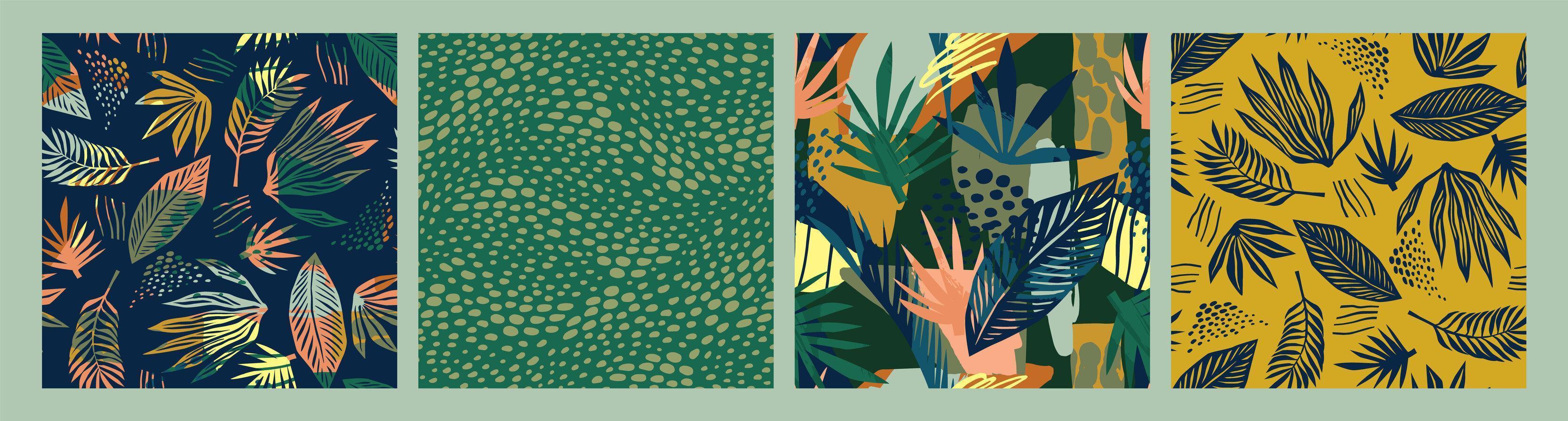 Set of abstract art seamless patterns with tropical leaves. Modern exotic design vector