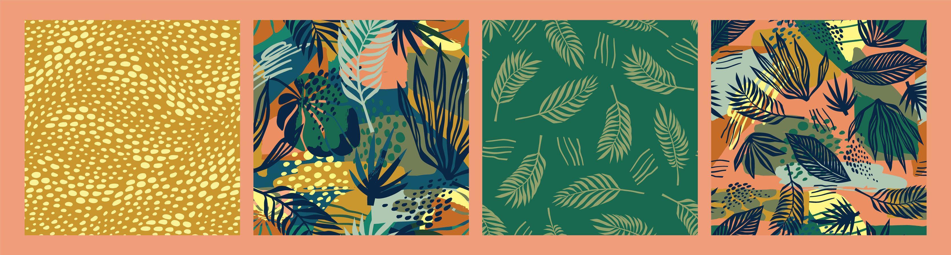 Set of abstract art seamless patterns with tropical leaves. Modern exotic design vector