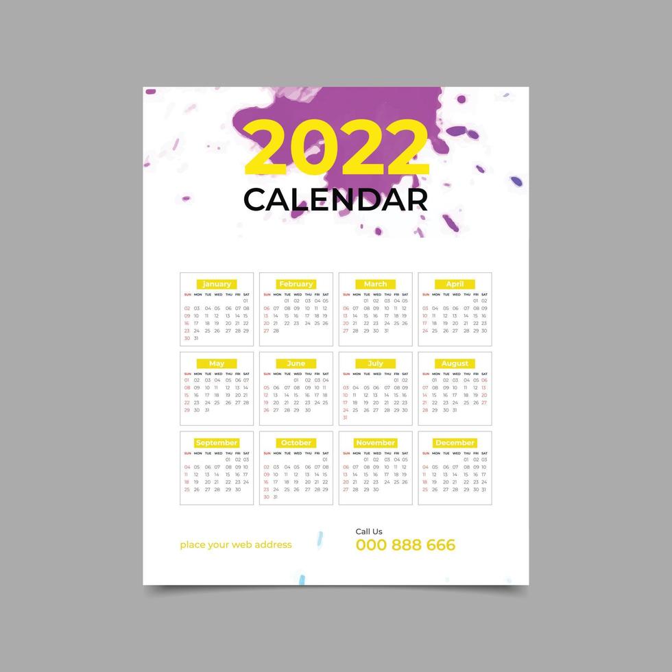 2022 wall calendar planner template design. vector illustration