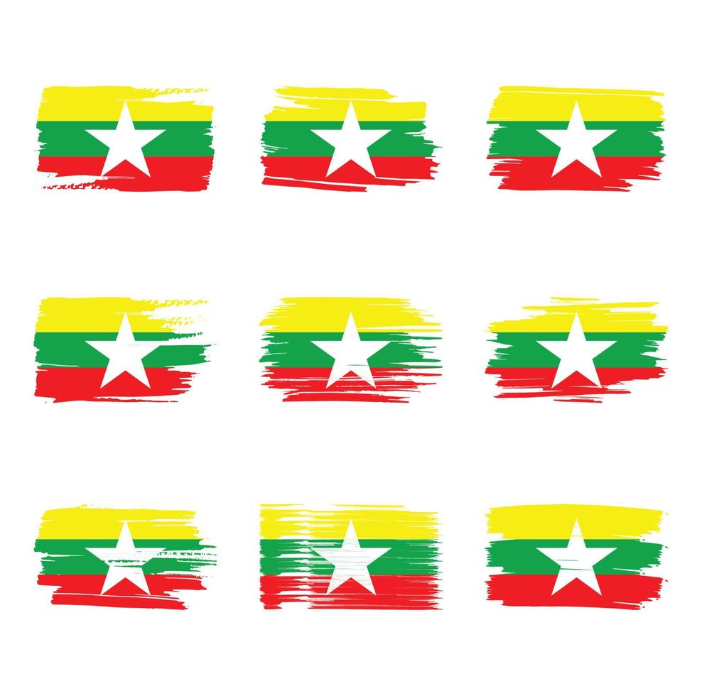 trazos de pincel de bandera de myanmar pintados vector