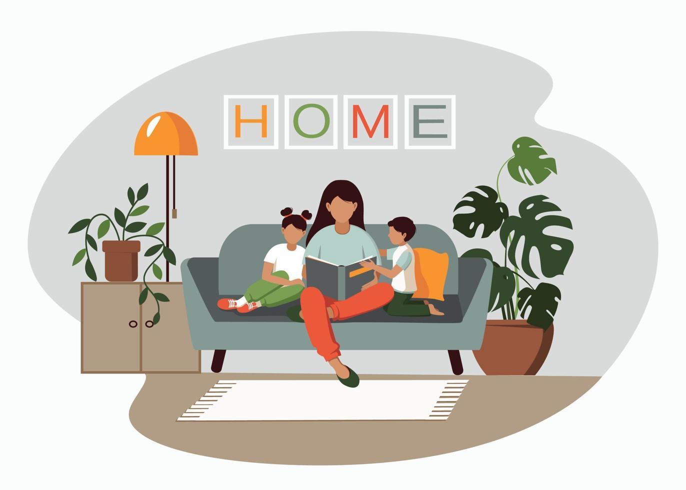 Family room interior design. Mom reads a book to the children. vector