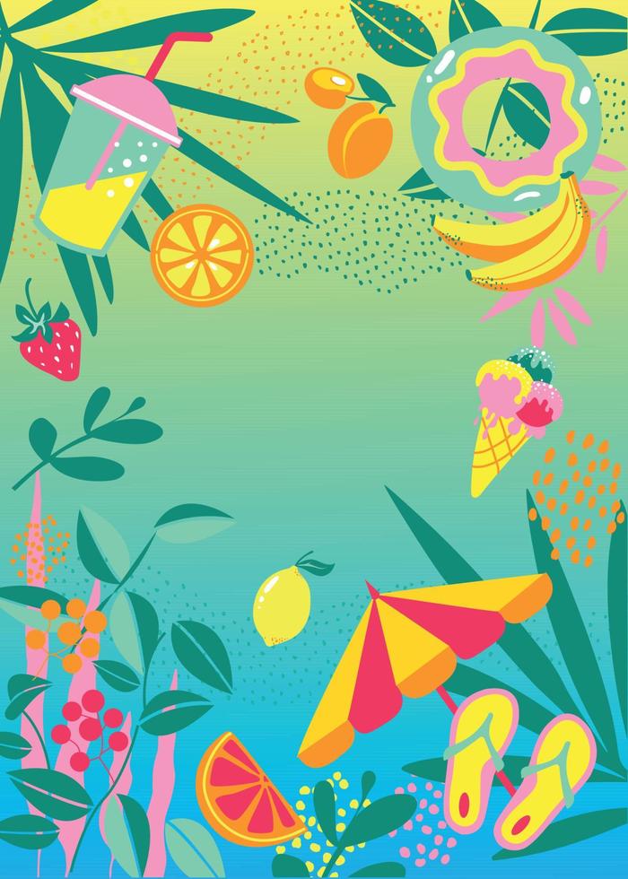 Tropical background. Tropical plants, ice cream, cocktail and fruit, vector illustration