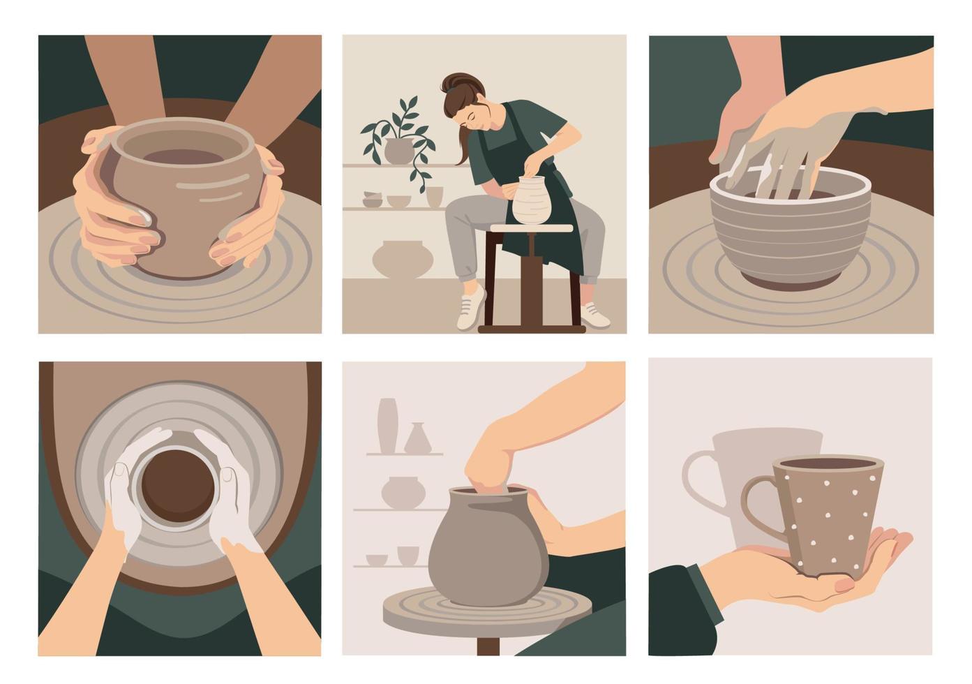 Potter wheel set. Potter workshop. Vector illustration