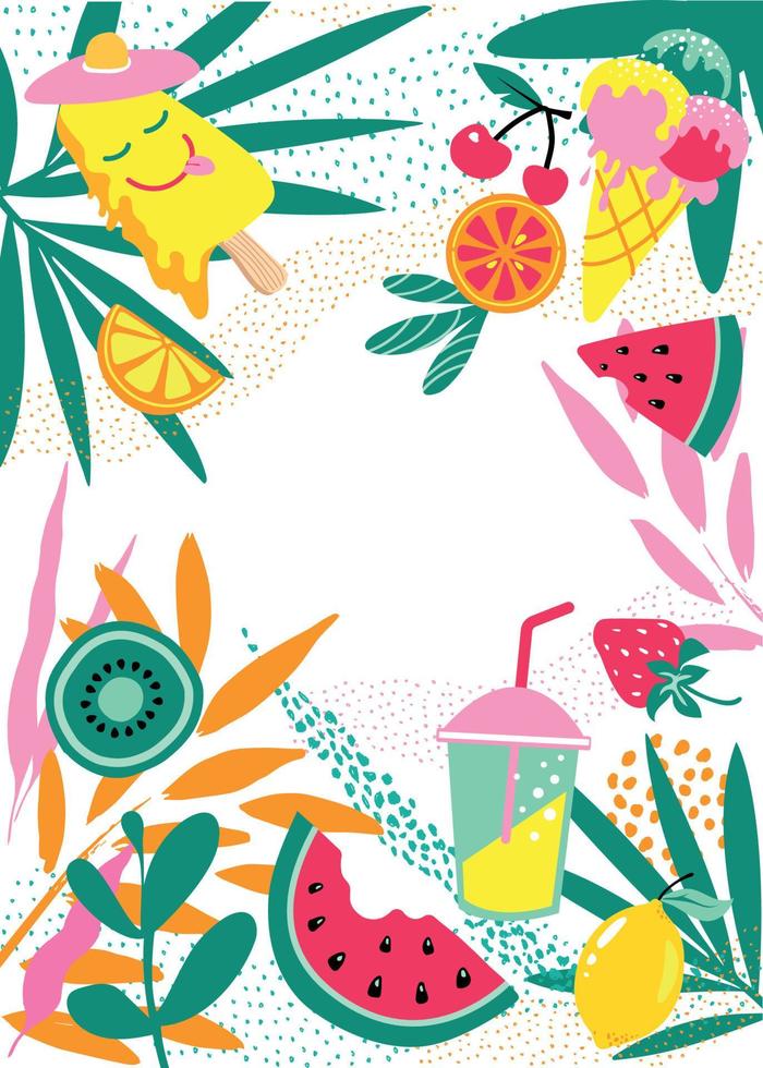 fondo tropical. plantas tropicales, helados, cócteles y frutas, ilustración vectorial vector