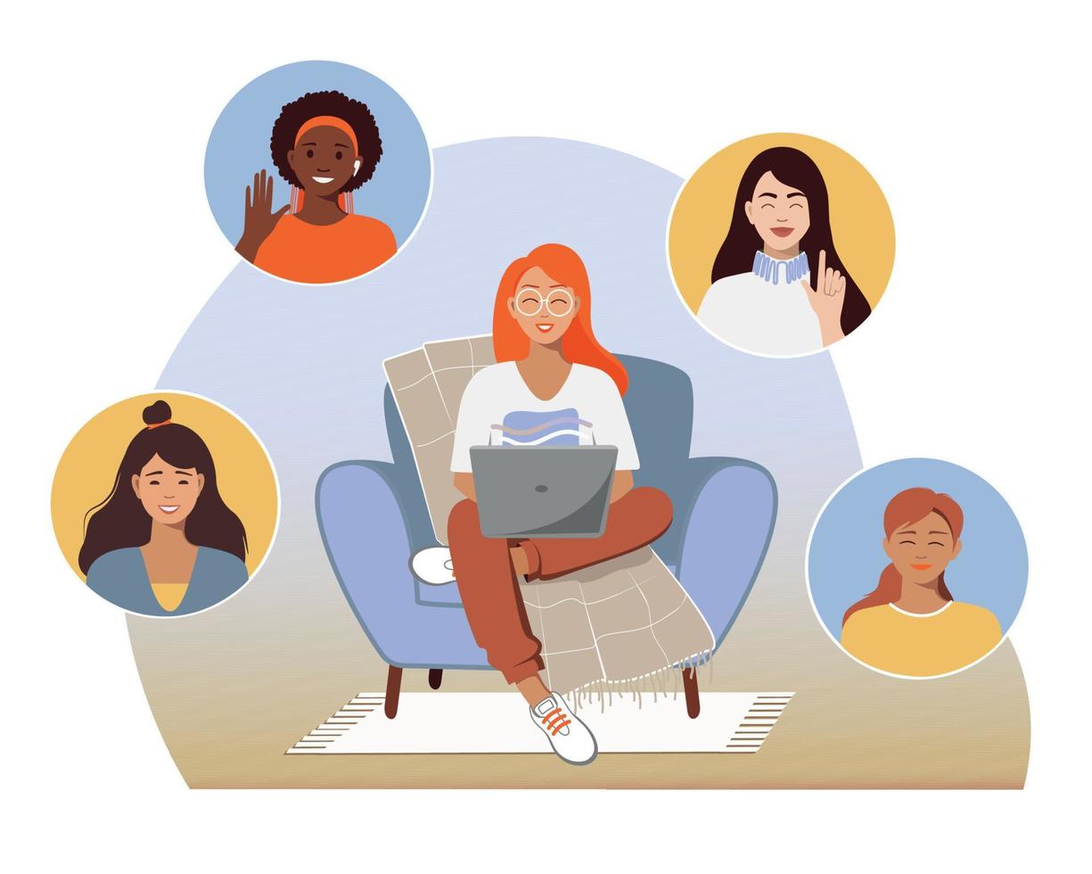 Video conference. Women communicate by video conferencing. Girls chat. Girlfriends party. Work from home. Vector illustration.