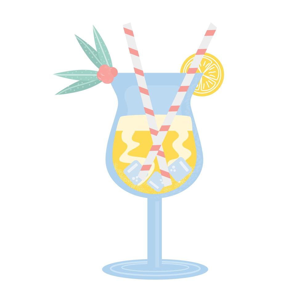 Summer Cocktail with lemon, ice and straw. Party, pub, restoraunt or club element.fresh and cold yellow alcohol coctail. Vector flat illustration, isolated on a white.