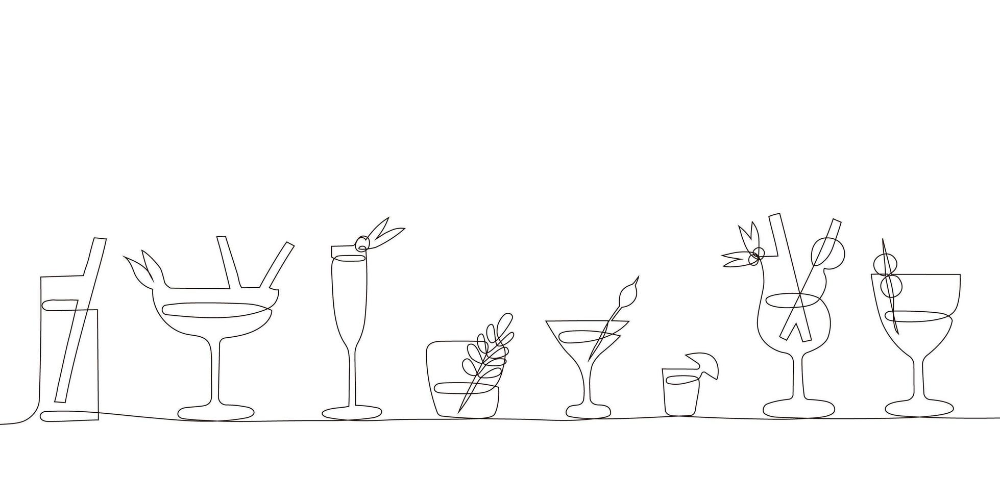 Cocktails set in trendy one continuous line art style. Party, pub, restoraunt, club element for prints, textile, posters,cards etc. fresh and cold alcohol coctail. Vector linear abstract illustration