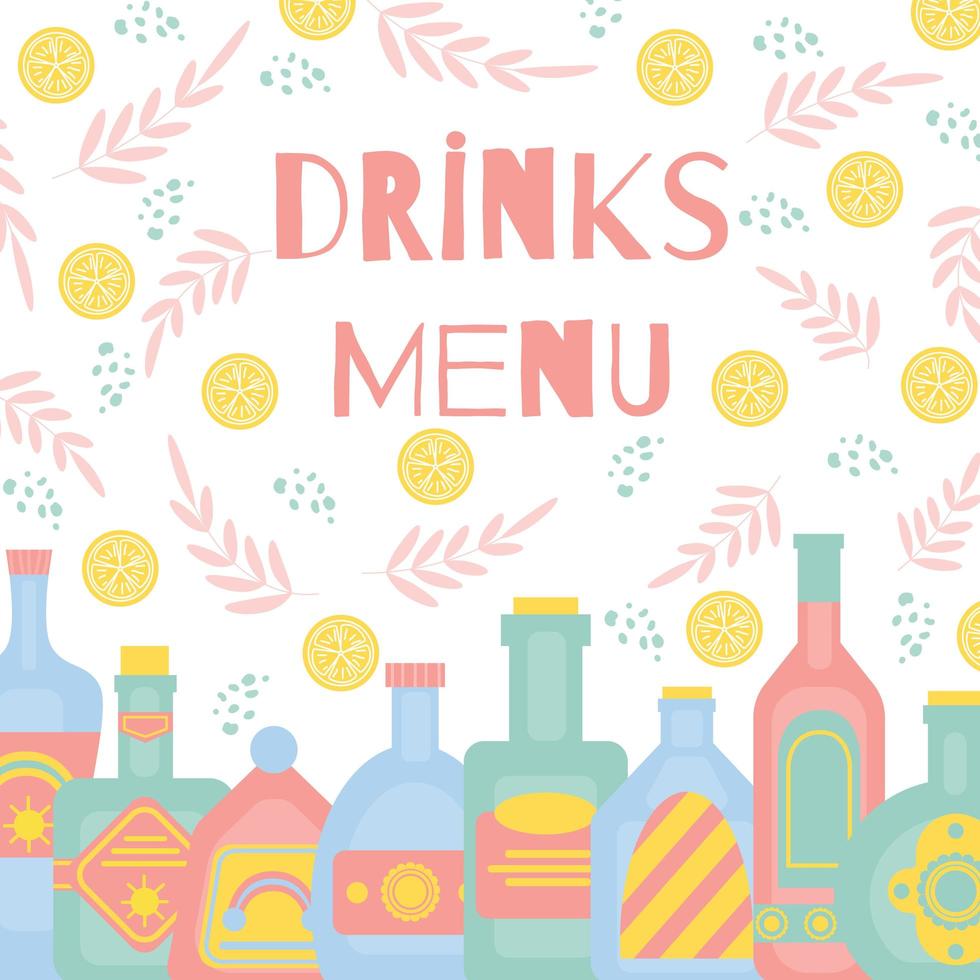Bar menu concept with different bottles of alcohol drinks. Party, pub, restoraunt or club banner. alcohol coctail. Vector illustration