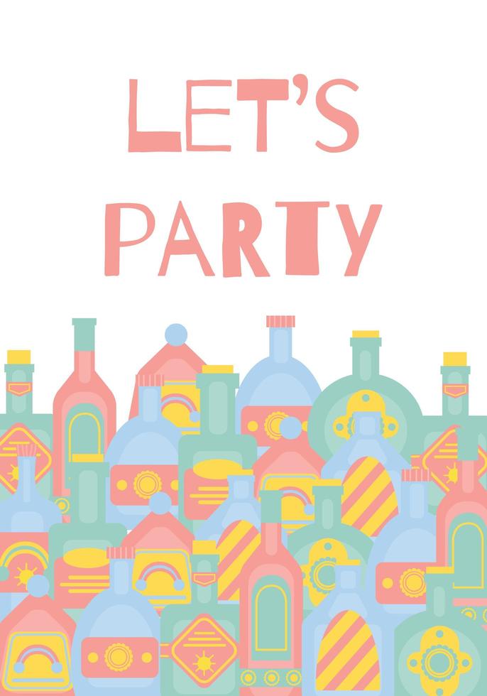 Let s party concept with different bottles of alcohol drinks. Party, pub, restoraunt or club banner. alcohol coctail. Vector illustration