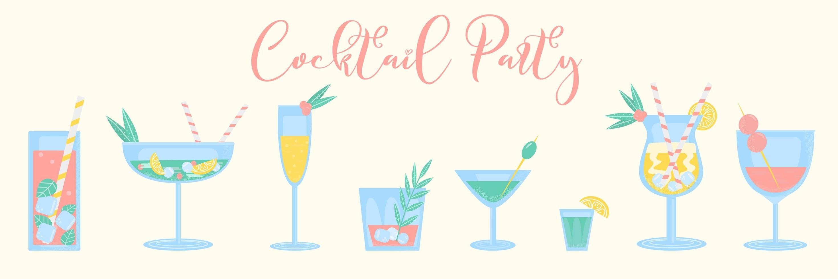 Summer Cocktails set with lemon, berry, mint, ice and straw. Party, pub, restoraunt or club element. fresh and cold alcohol coctail. Vector flat illustration, isolated on a white.