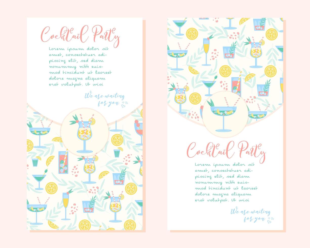 Coctail Party Flyer Banner in trendy color. Summer drinks with lemon, berry, mint, ice and straw. Party, pub, restoraunt or club invitation. fresh and cold alcohol coctail. Vector illustration.