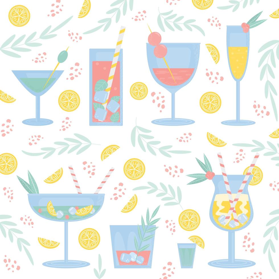 cócteles de verano con limón, bayas, menta, hielo y paja. elemento de fiesta, pub, restaurante o club. cóctel de alcohol fresco y frío. vector ilustración plana, aislado en un blanco.