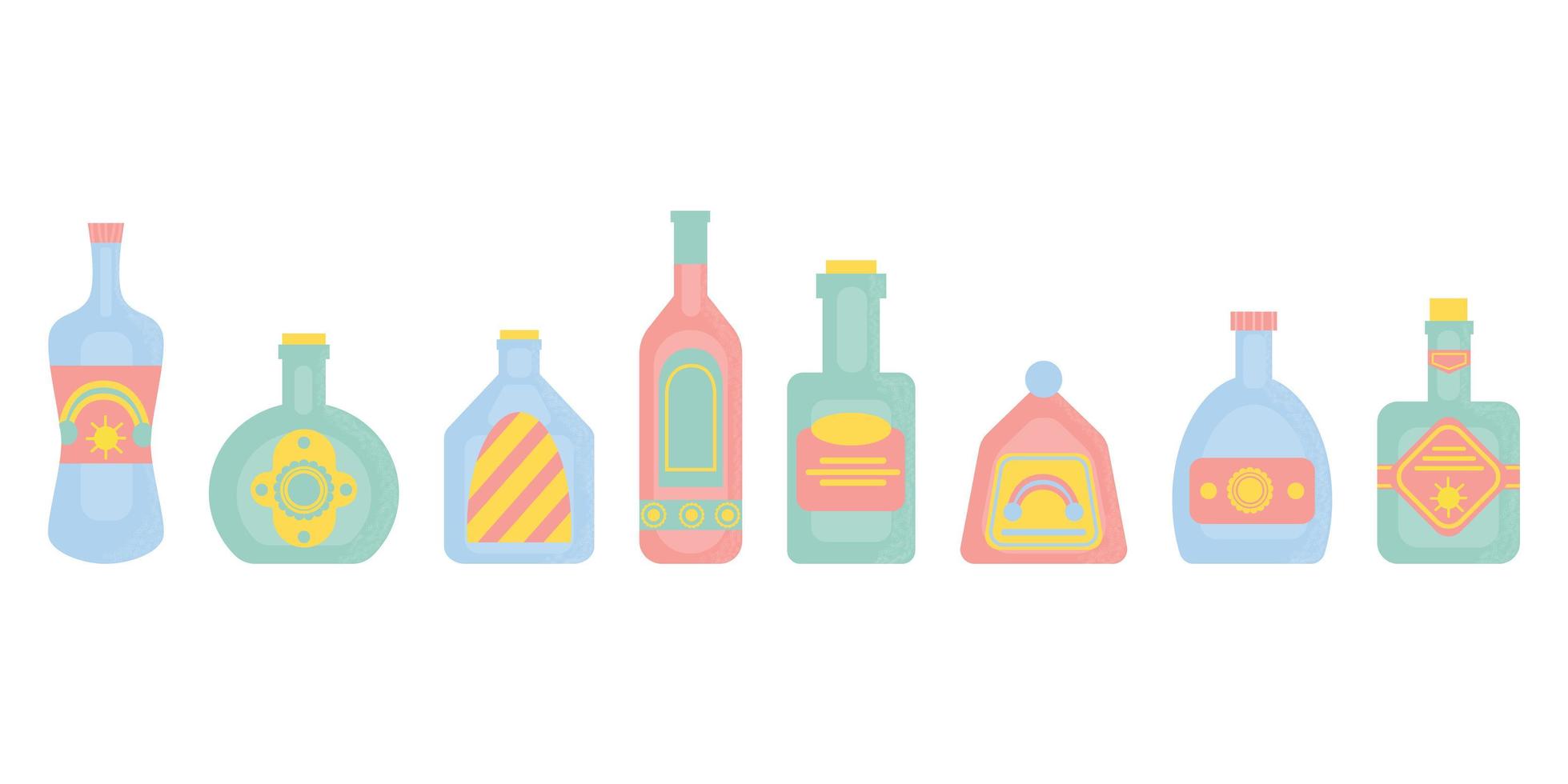 con diferentes botellas de alcohol u otras bebidas. elemento de fiesta, pub, restaurante o club. cóctel de alcohol con vermú. ilustración vectorial, aislado en un fondo blanco. vector