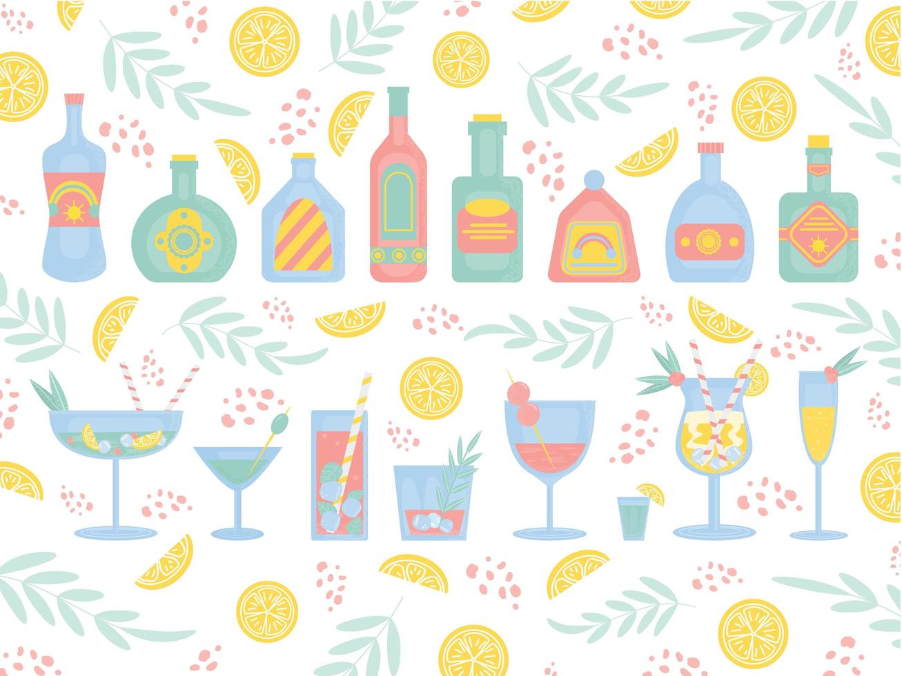 cócteles y botellas de alcohol, con limón, bayas, menta, hielo y paja. elemento de fiesta, pub, restaurante o club. bebidas alcohólicas frescas y frías. vector ilustración plana, aislado en un blanco.