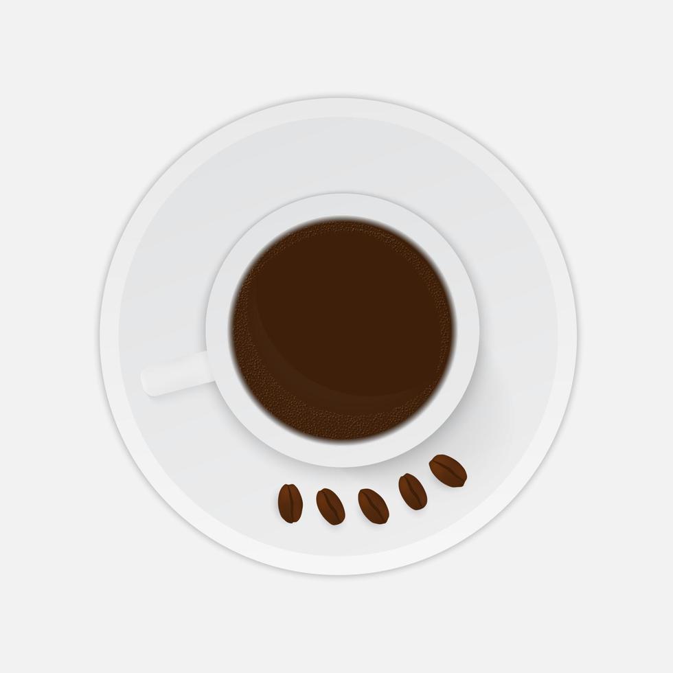 Realistic cup of coffee with beans isolated on white background. Top view. Morning, breakfast or break concept. Flat lay vector illustration.
