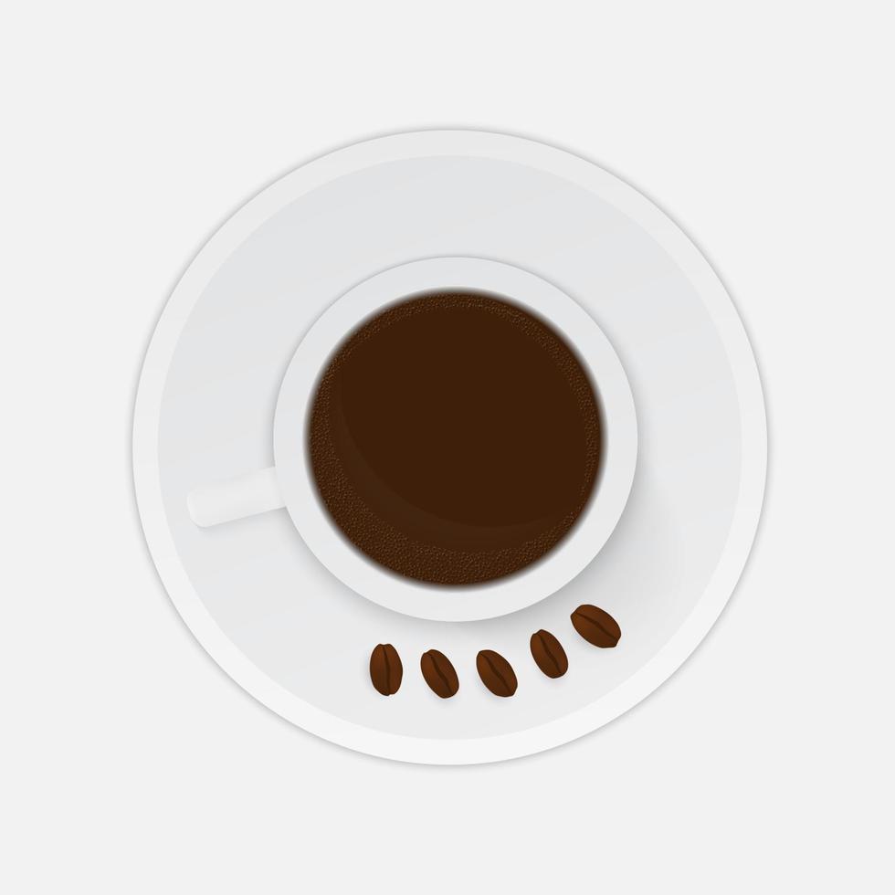 taza de café realista con frijoles aislados sobre fondo blanco. vista superior. concepto de mañana, desayuno o descanso. Ilustración de vector plano laico.