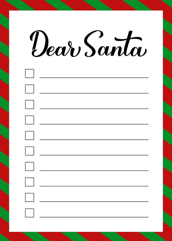 Christmas wish list card. Dear Santa calligraphy hand lettering. Letter to Santa Claus vector template. Gift planner