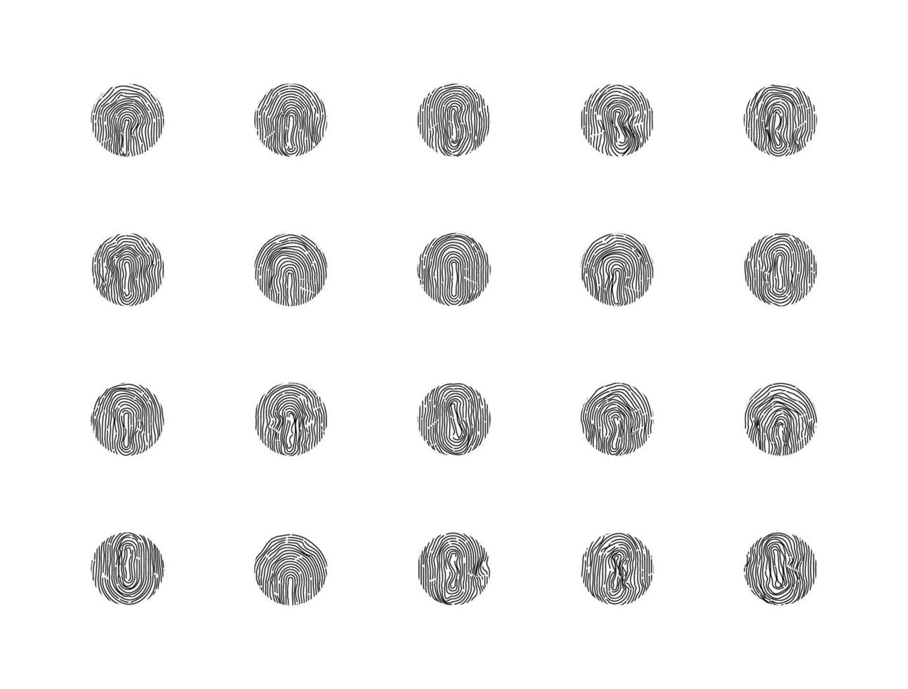 Vector finger prints. Set of 20 fingerprint icons isolated on write. Biometric technology for person identity. Security access authorization system. Electronic signature.