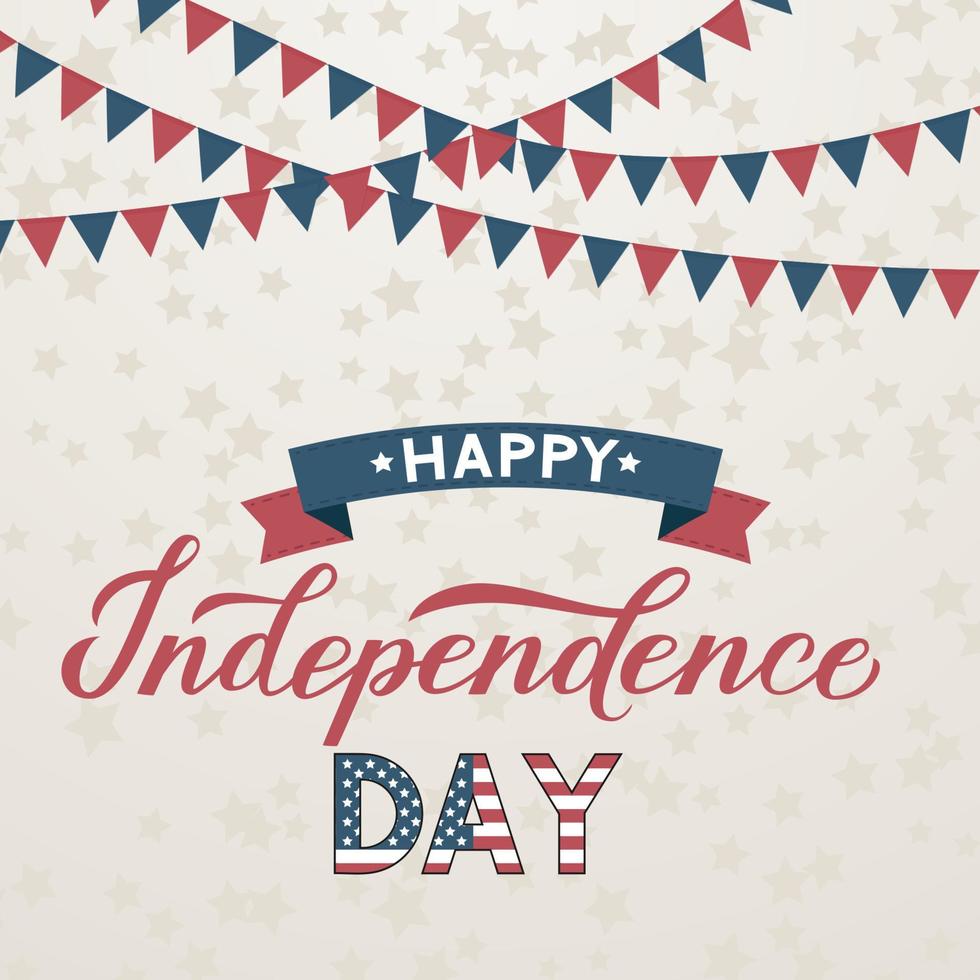 Happy Independence Day calligraphy hand lettering with flags and ribbon. 4th of July retro poster vector illustration. Easy to edit template for logo design, greeting card, banner, flyer, etc.