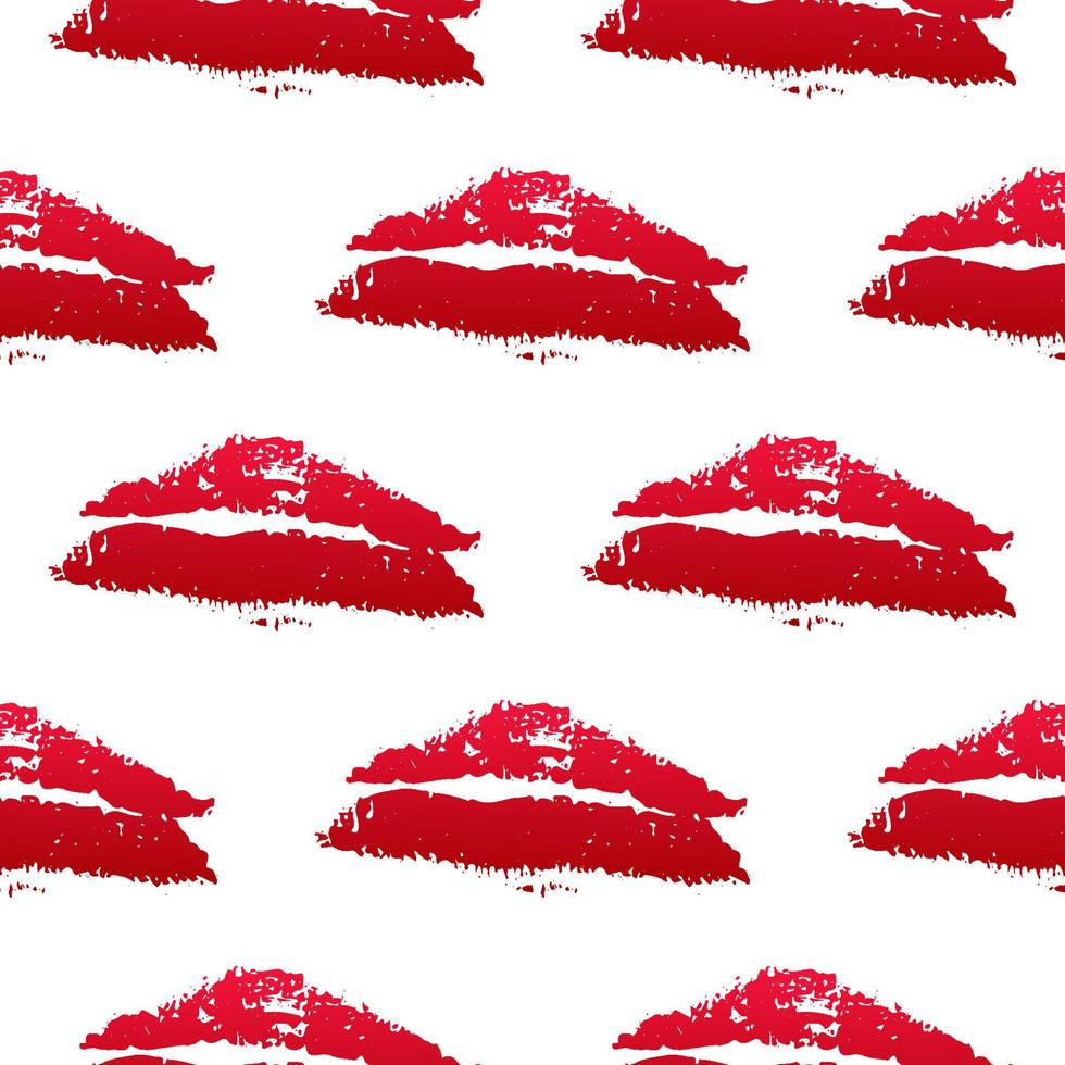 Seamless pattern red lipstick kiss on white background. Grunge lips prints vector illustration. Perfect for Valentines day postcard, clothes, textile design, wrapping paper, cosmetics package, etc.