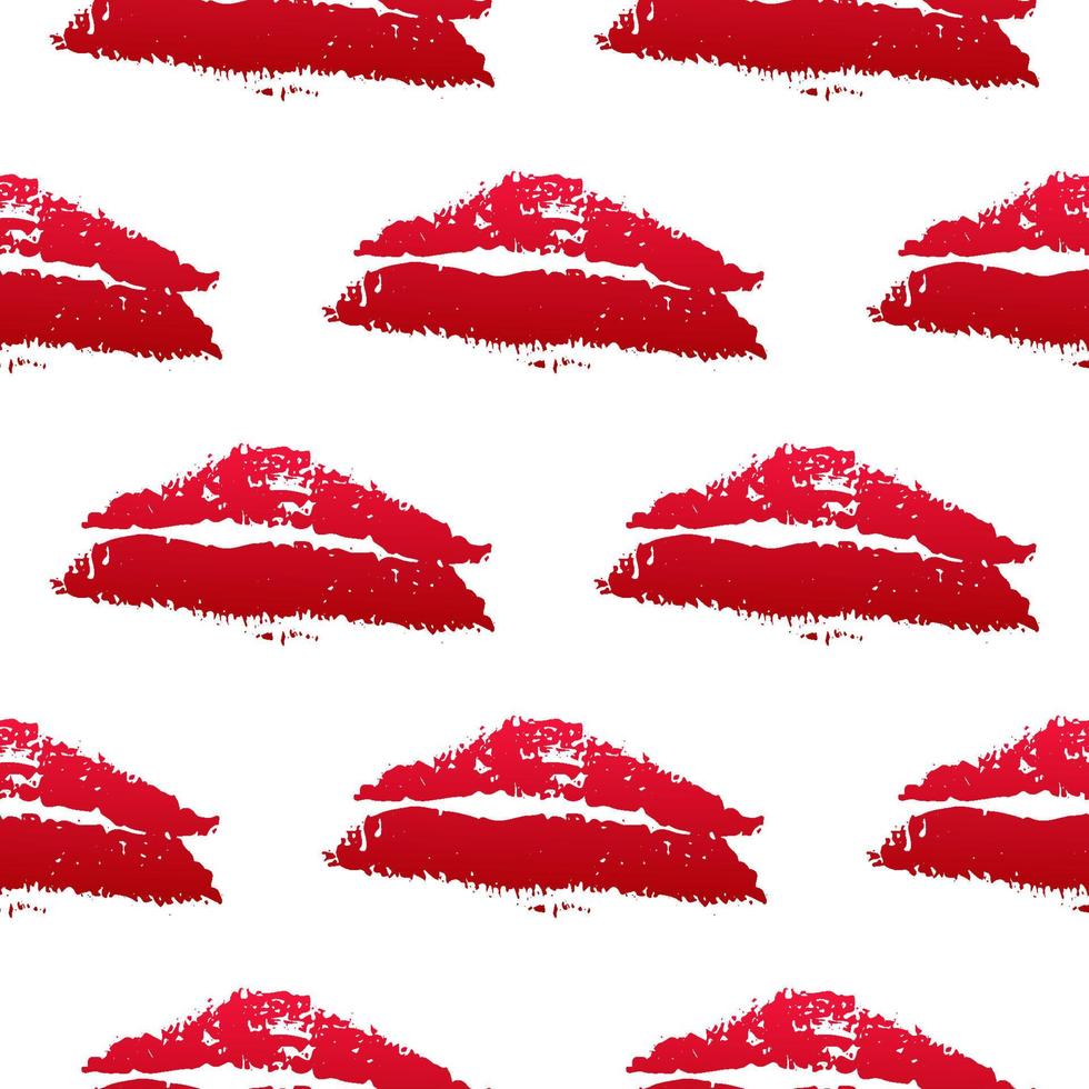 Seamless pattern red lipstick kiss on white background. Grunge lips prints vector illustration. Perfect for Valentines day postcard, clothes, textile design, wrapping paper, cosmetics package, etc.