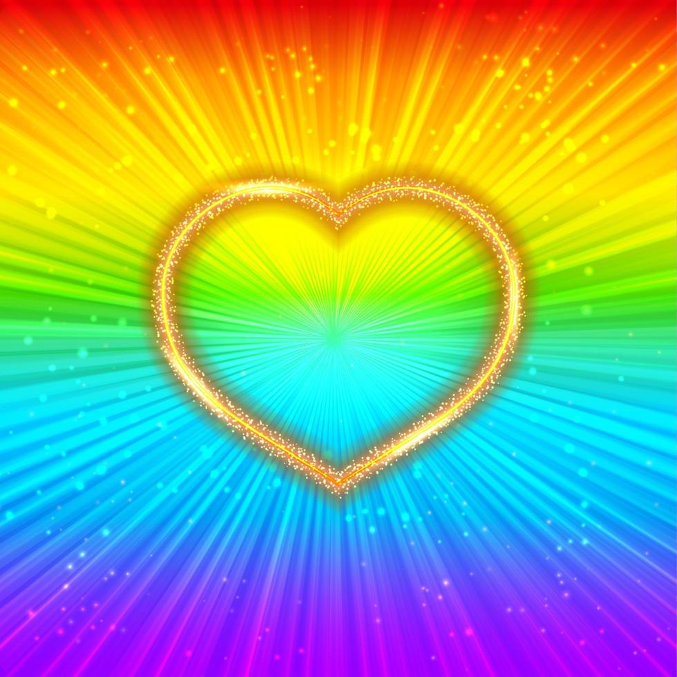 Gold sparkling heart on rainbow shining background. LGBT community concept. Gay pride flag. Easy to edit design template. Vector illustration.