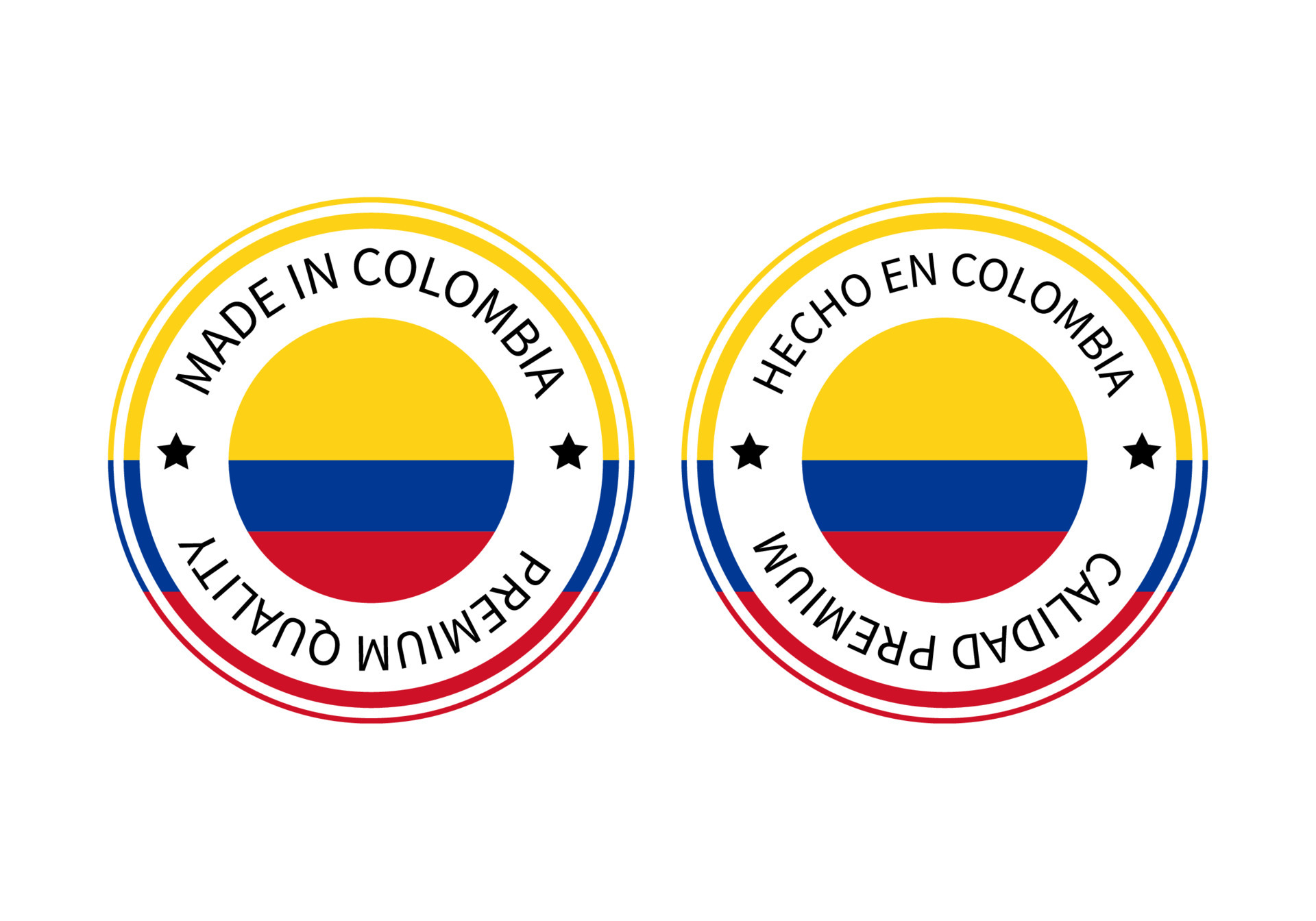 Made in Colombia round labels in English and in Spanish languages