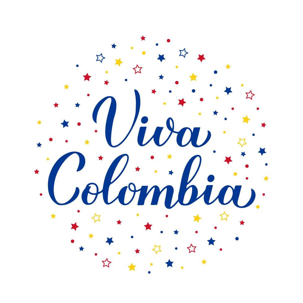 Viva Colombia Long Live Colombia lettering in Spanish. Colombian Independence Day celebrated on July 20. Vector template for typography poster, banner, greeting card, flyer